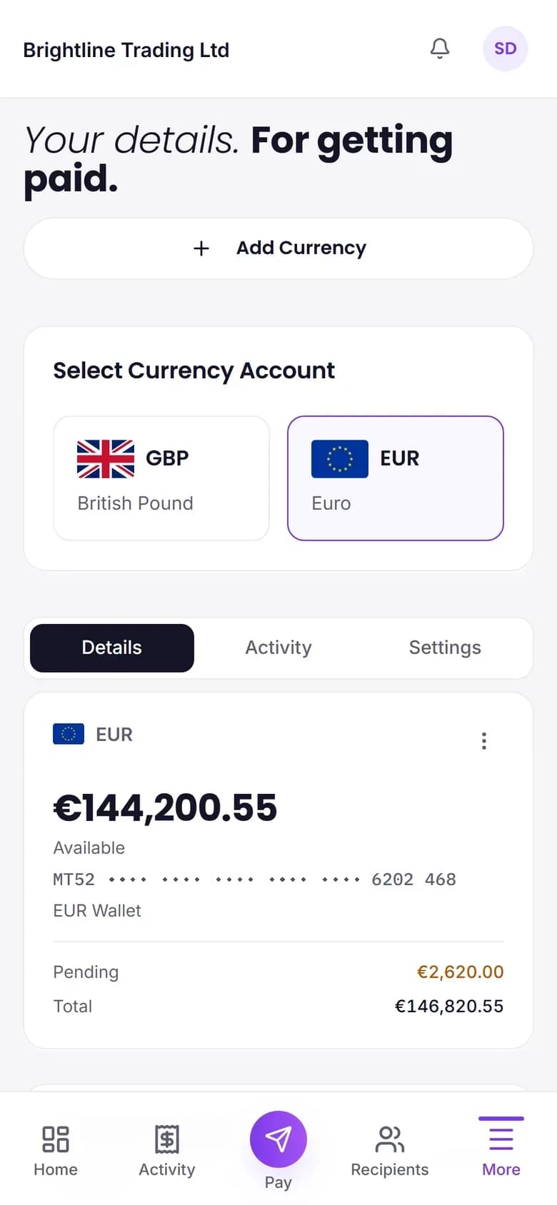 Account details screen of the XBO eMoney app