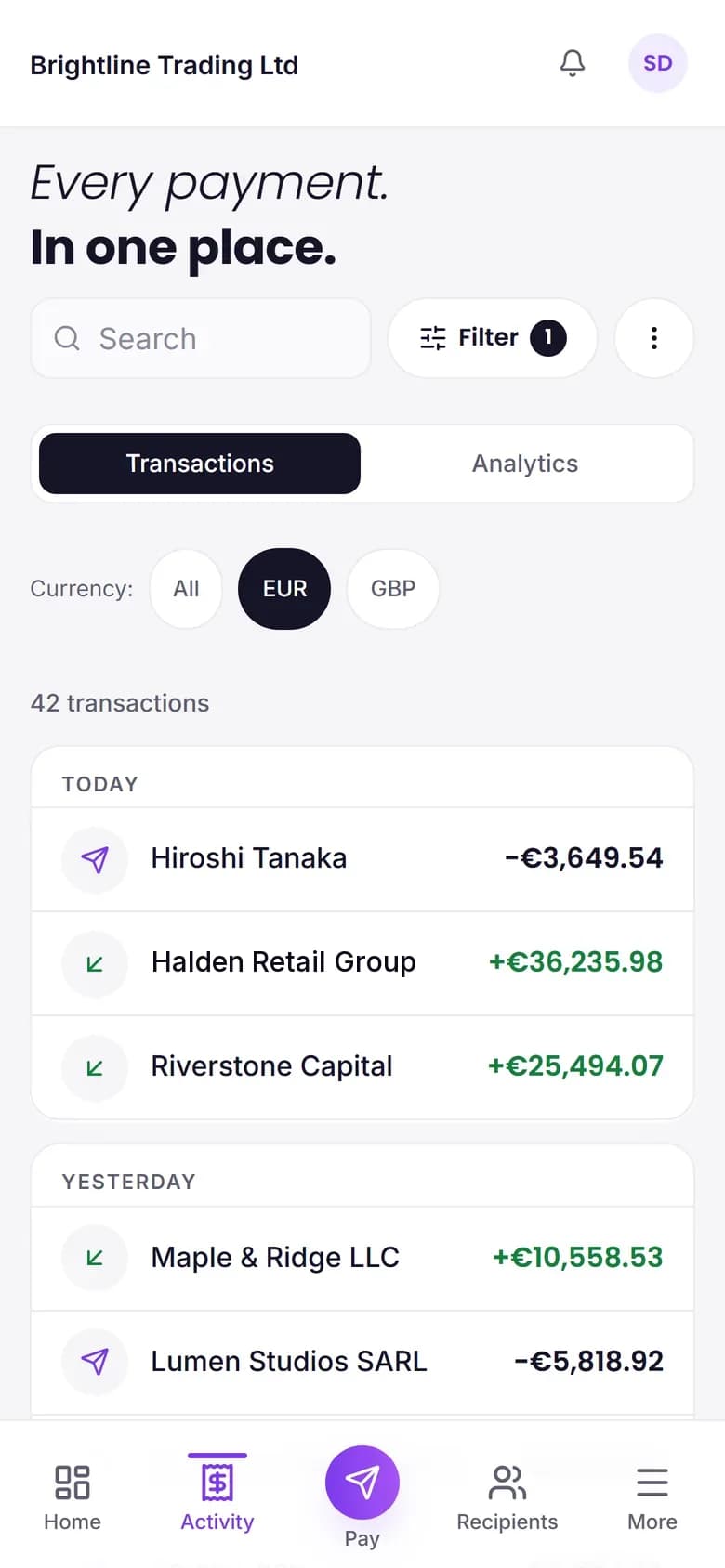 Activity screen of the XBO eMoney app