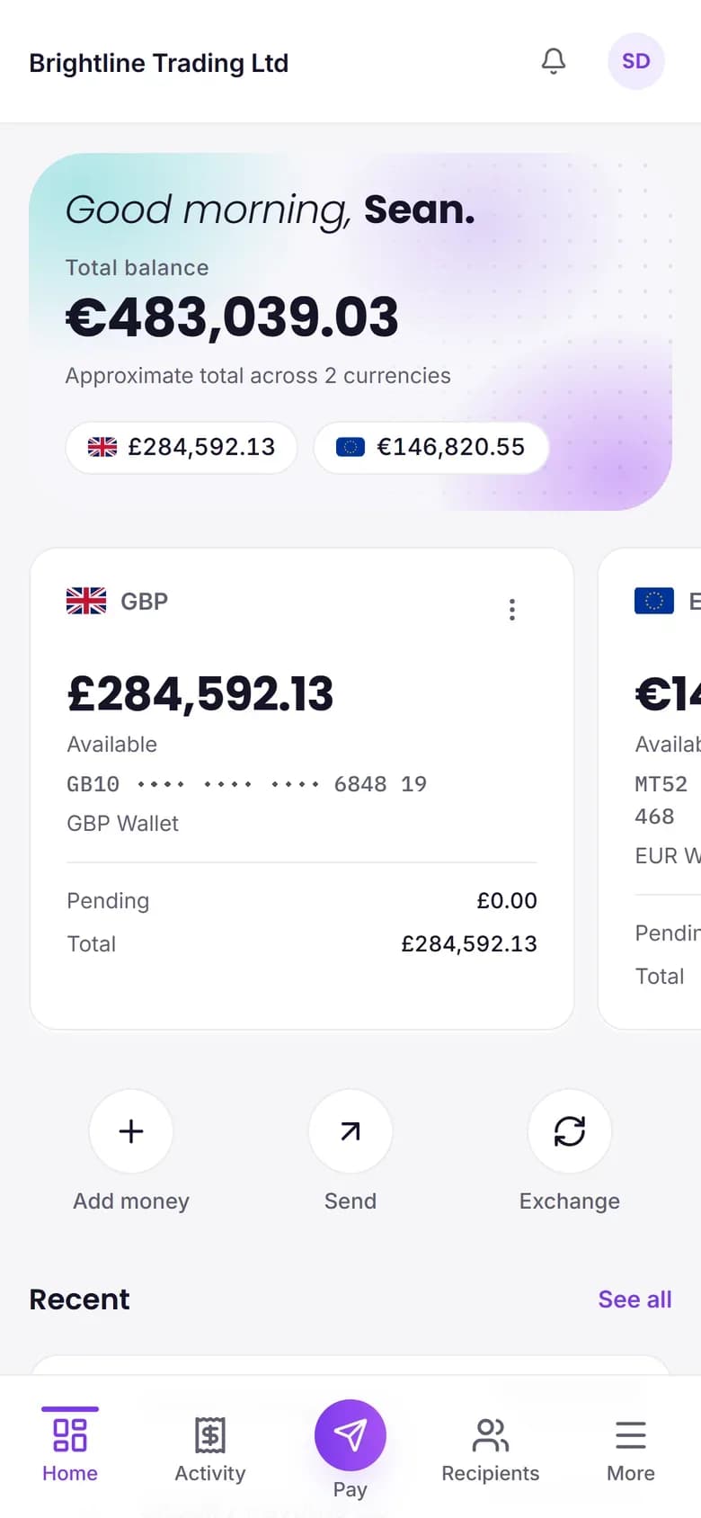 Overview screen of the XBO eMoney app