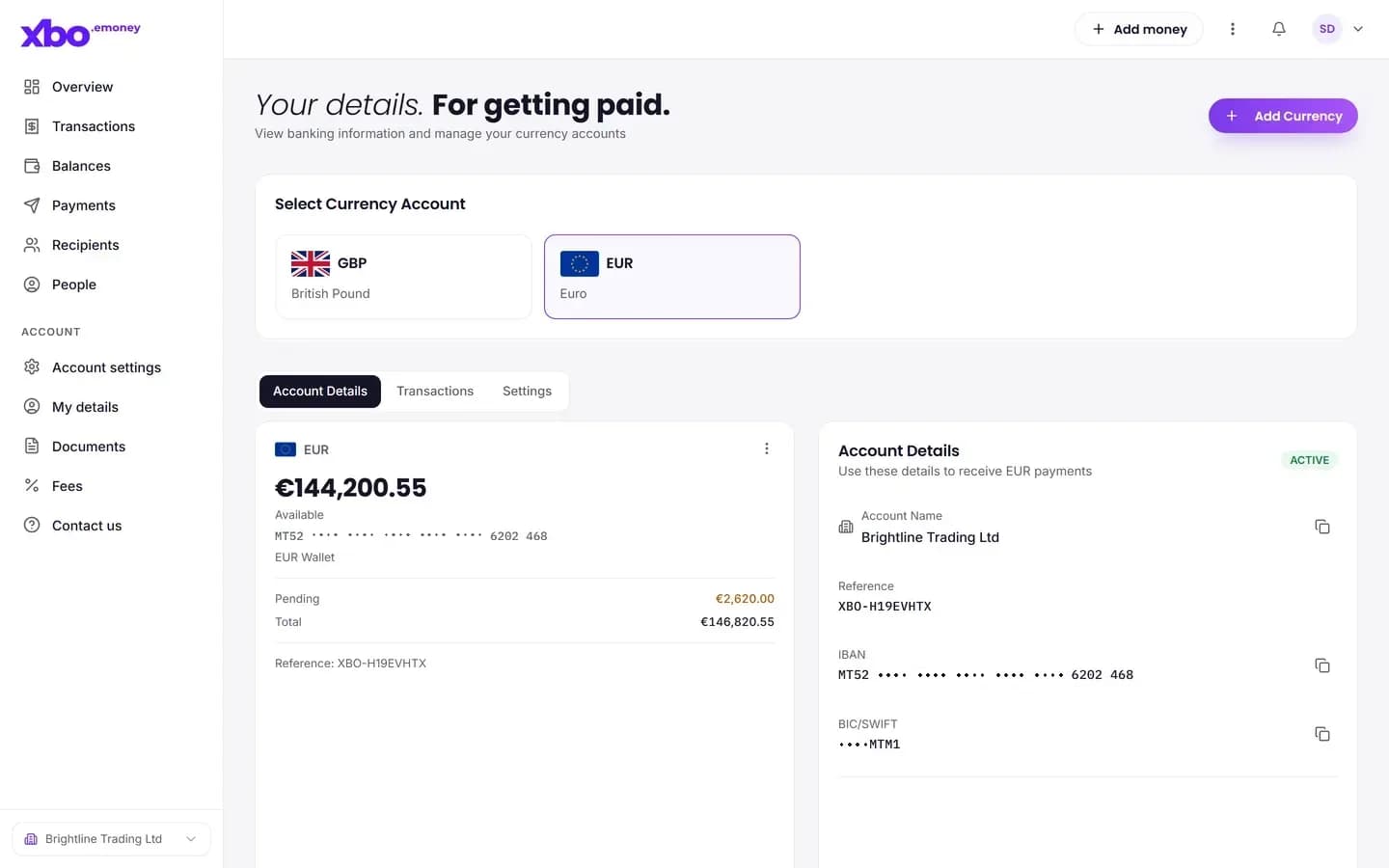 Account details screen of XBO eMoney on the web