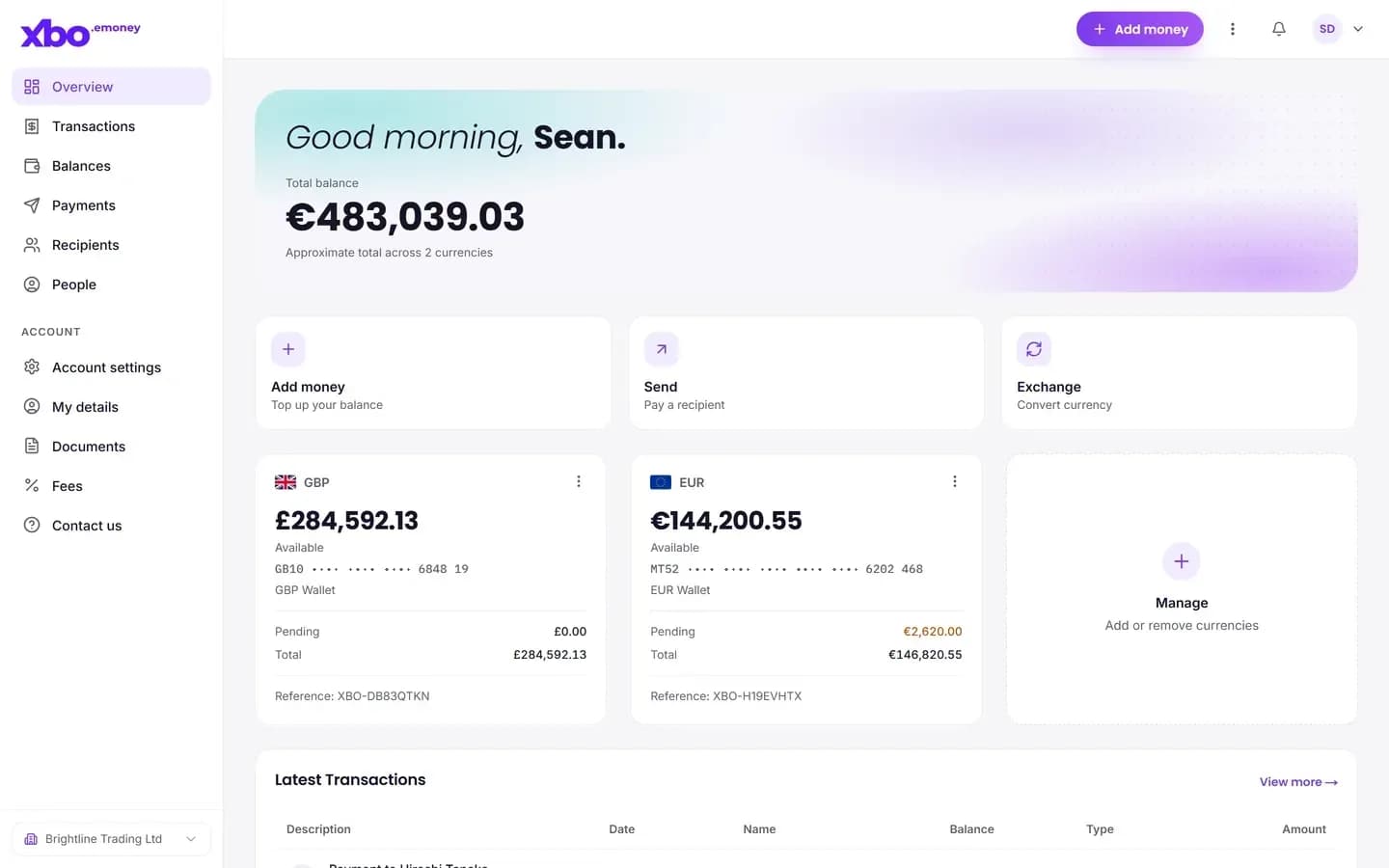 Overview screen of XBO eMoney on the web